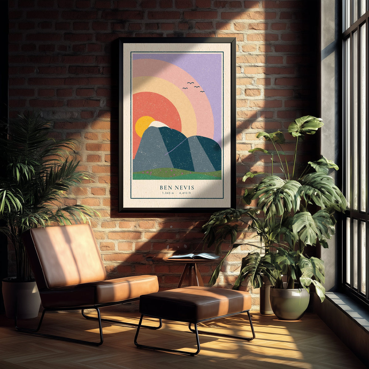 Ben Nevis Sunset Rainbow Art Print - Highest UK Mountain Poster - Retro Linocut Illustration V1 2/3