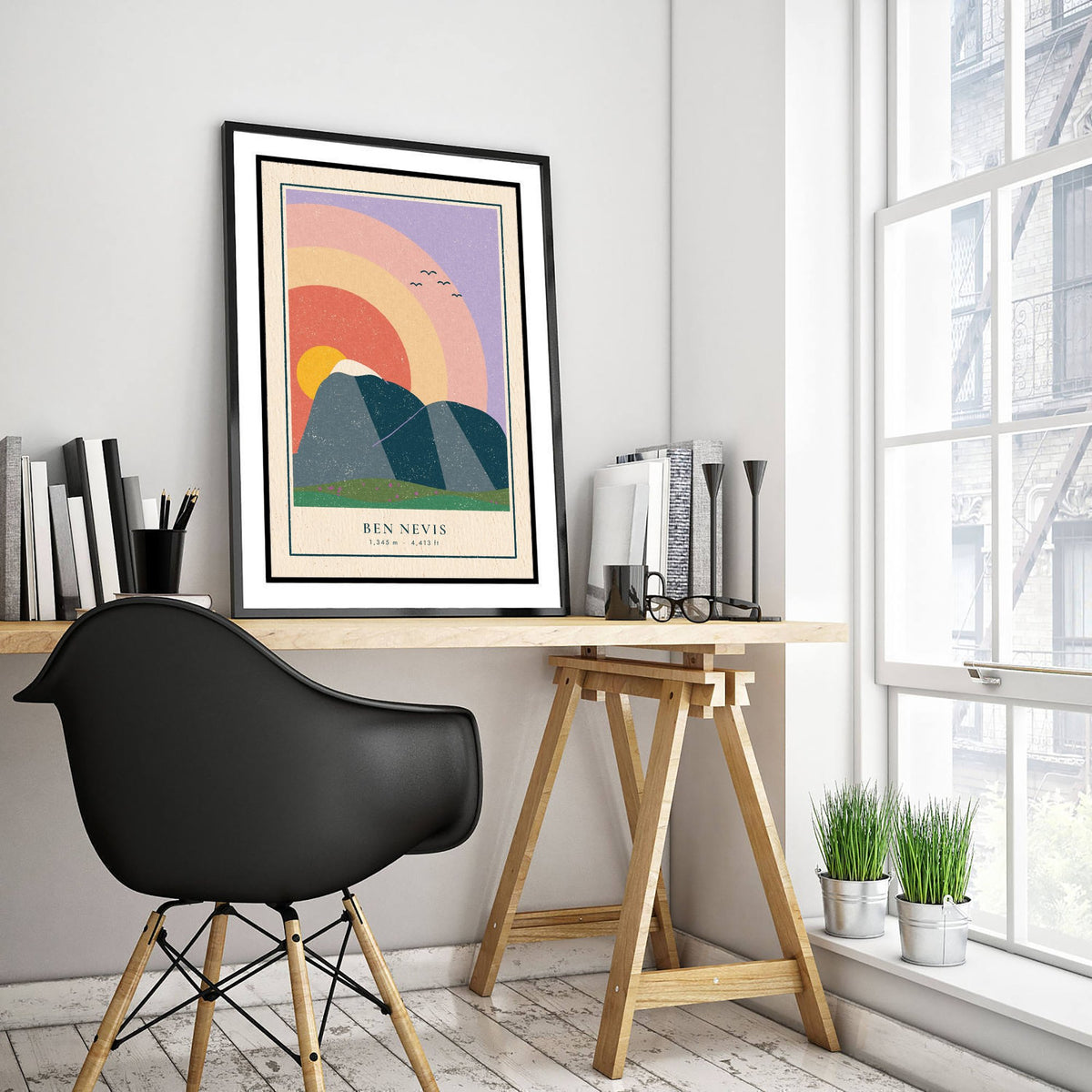 Ben Nevis Sunset Rainbow Art Print - Highest UK Mountain Poster - Retro Linocut Illustration V1 2/3