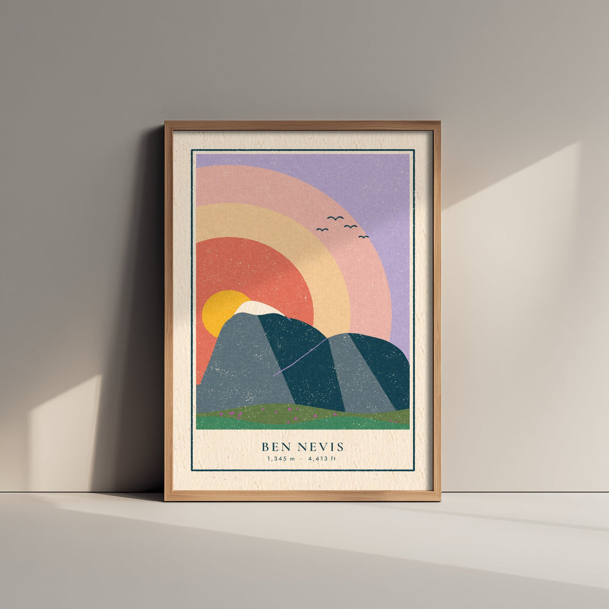 Ben Nevis Sunset Rainbow Art Print - Highest UK Mountain Poster - Retro Linocut Illustration V1 2/3