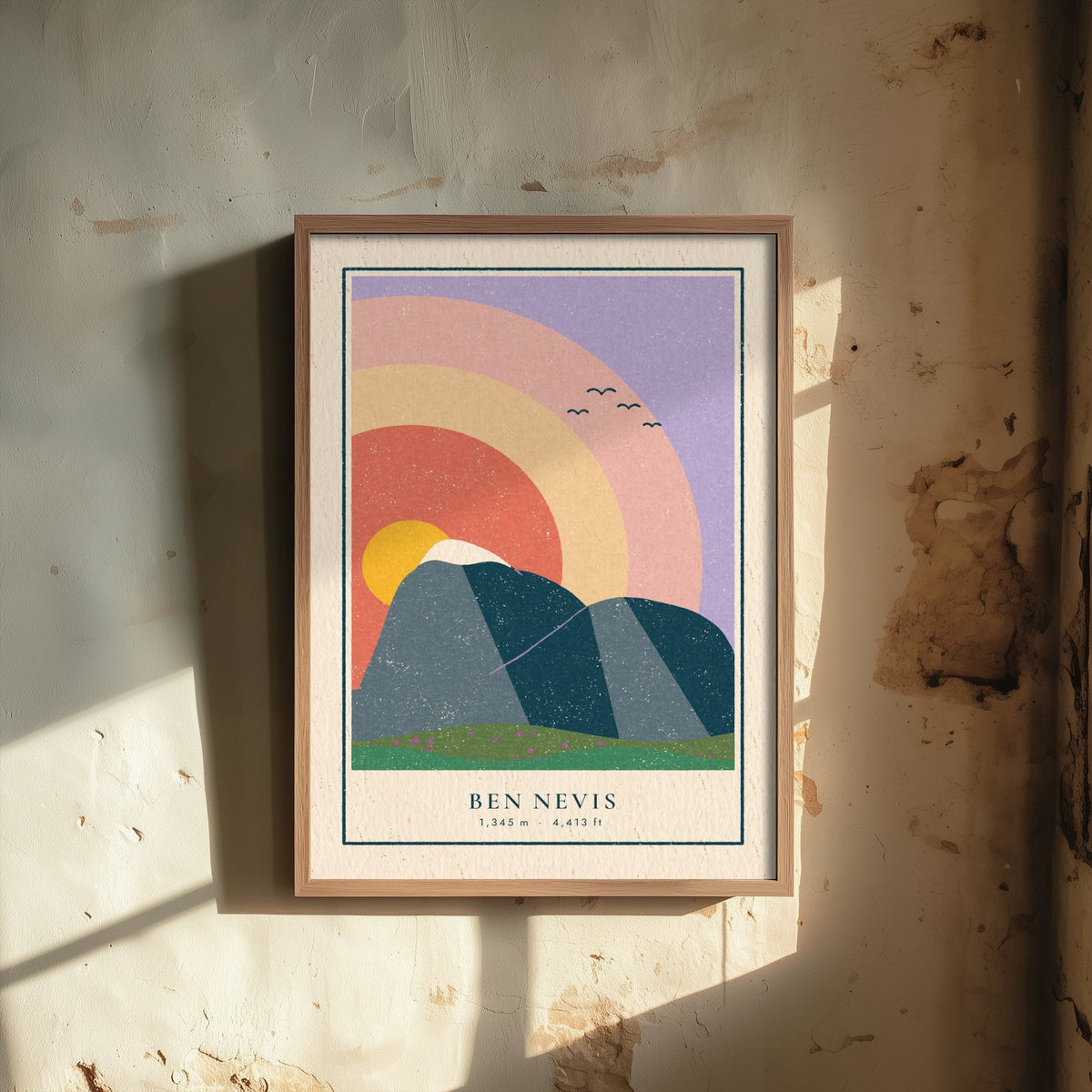 Ben Nevis Sunset Rainbow Art Print - Highest UK Mountain Poster - Retro Linocut Illustration V1 2/3