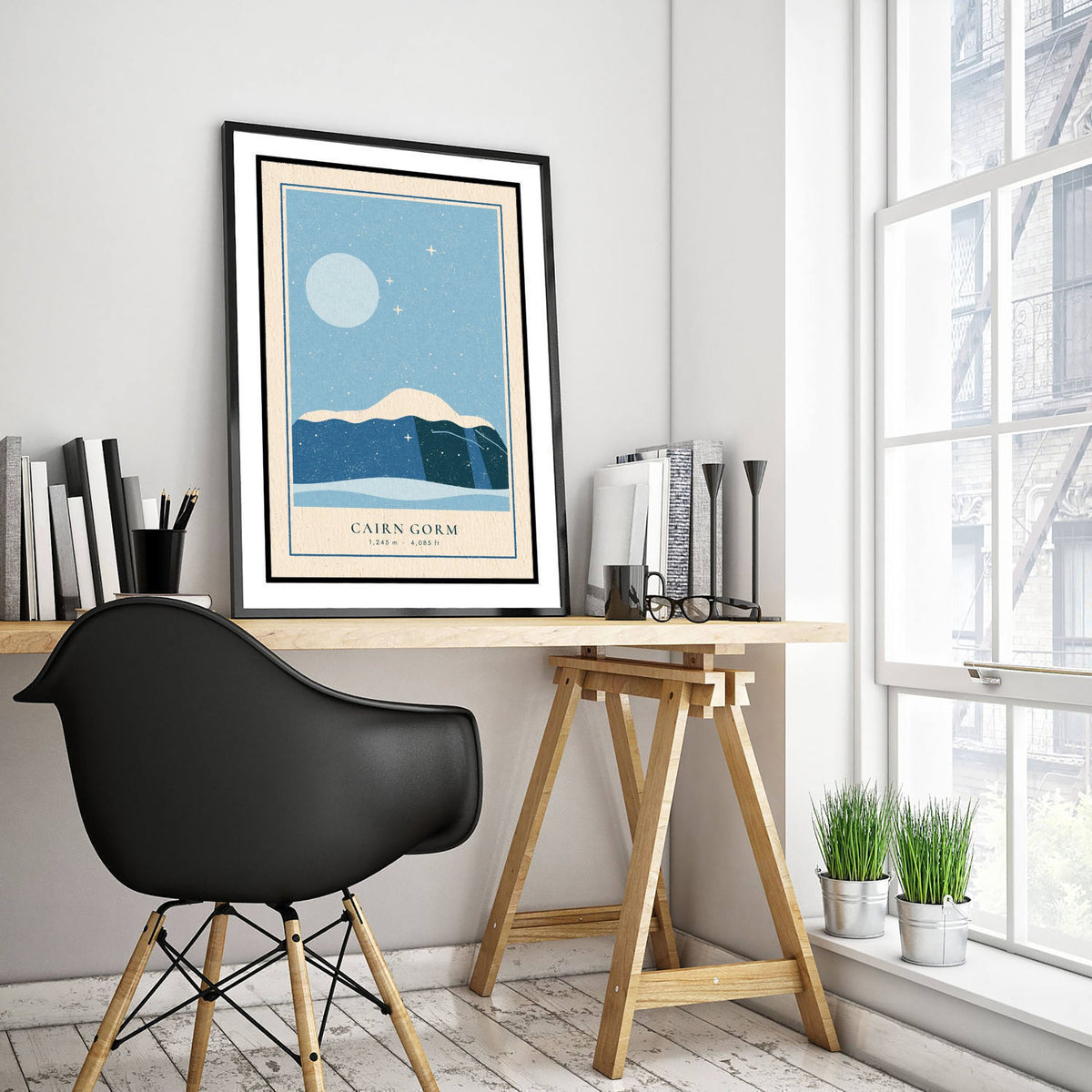 Cairn Gorm Snowy Moonlit Poster - Ice Blue Winter Art Print - Cairngorms Linocut Style Illustration V1 3/3