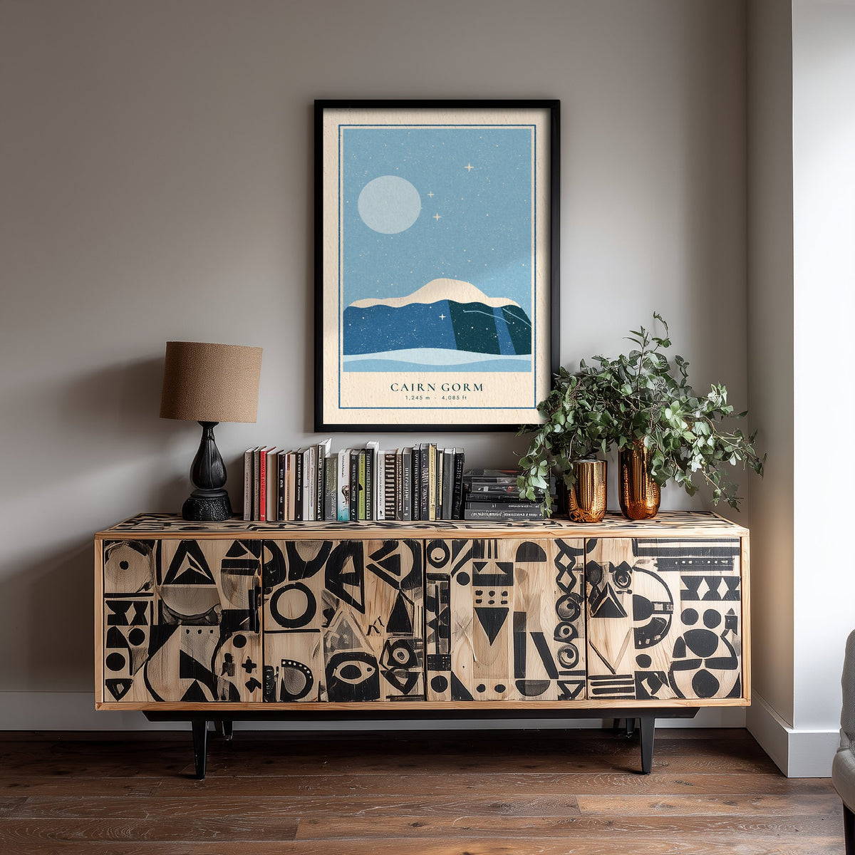 Cairn Gorm Snowy Moonlit Poster - Ice Blue Winter Art Print - Cairngorms Linocut Style Illustration V1 3/3