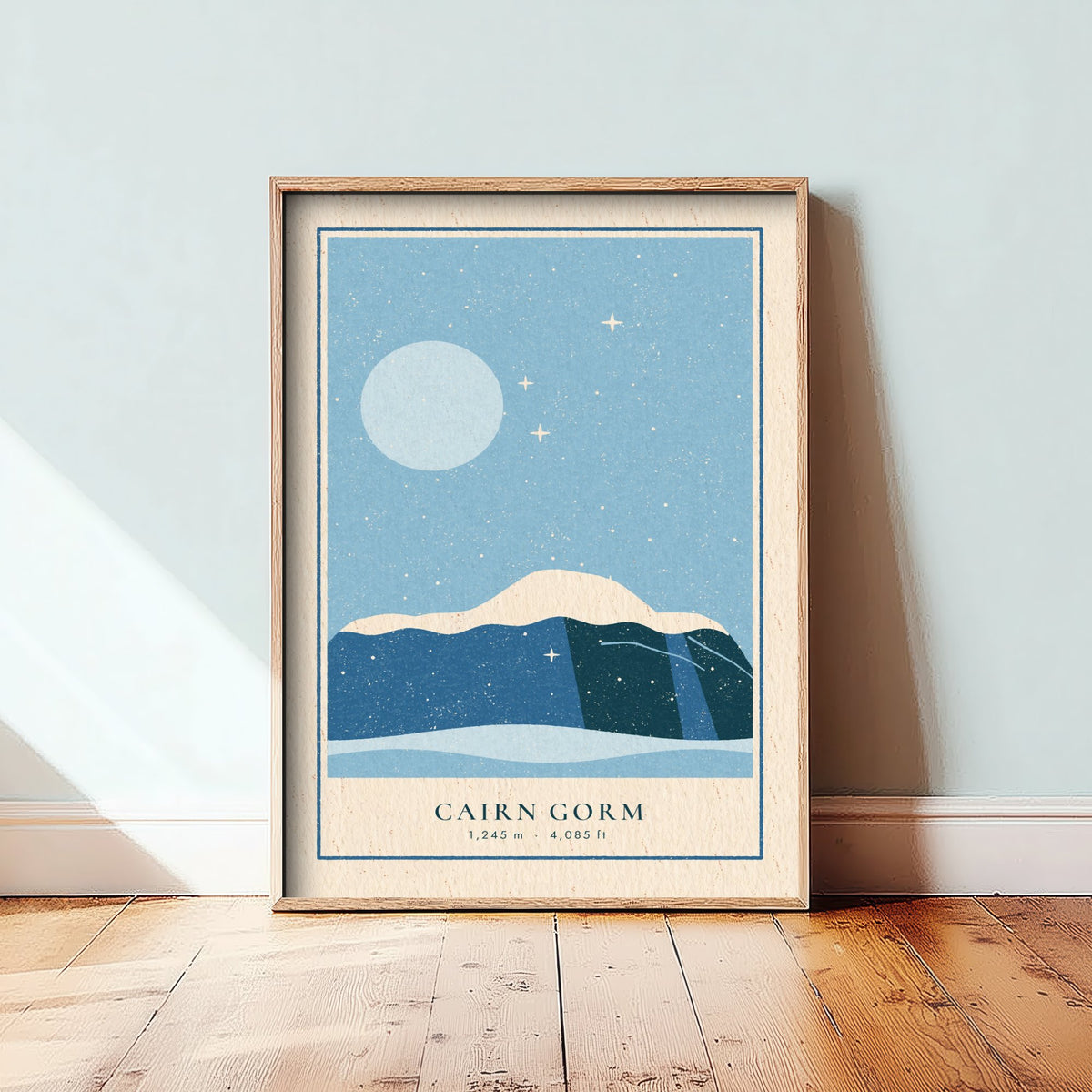 Cairn Gorm Snowy Moonlit Poster - Ice Blue Winter Art Print - Cairngorms Linocut Style Illustration V1 3/3
