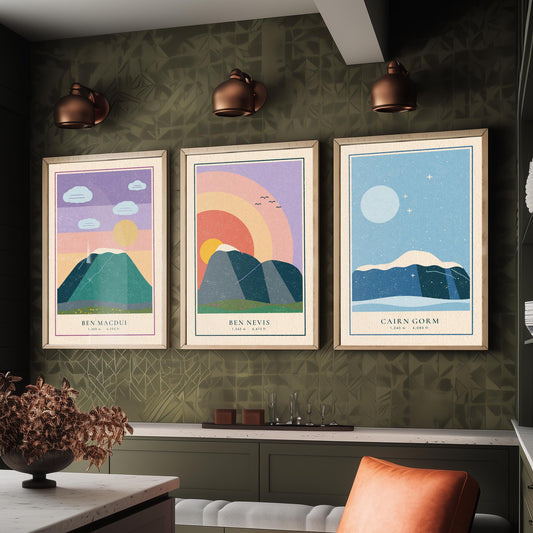 Scottish Munro Set of Three Art Prints - Ben Macdui, Ben Nevis, Cairn Gorm - Linocut Style Poster Illustration V1
