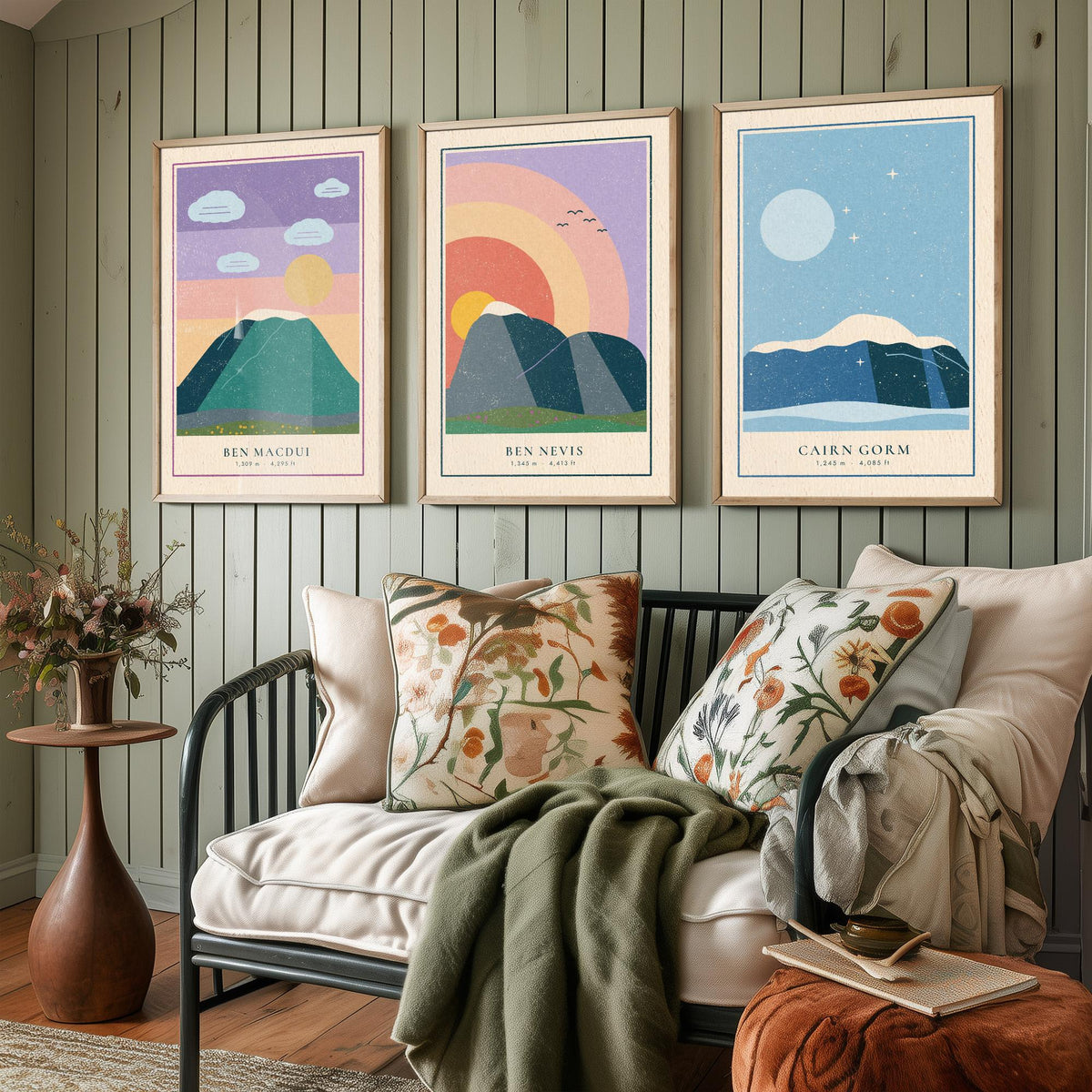 Scottish Munro Set of Three Art Prints - Ben Macdui, Ben Nevis, Cairn Gorm - Linocut Style Poster Illustration V1