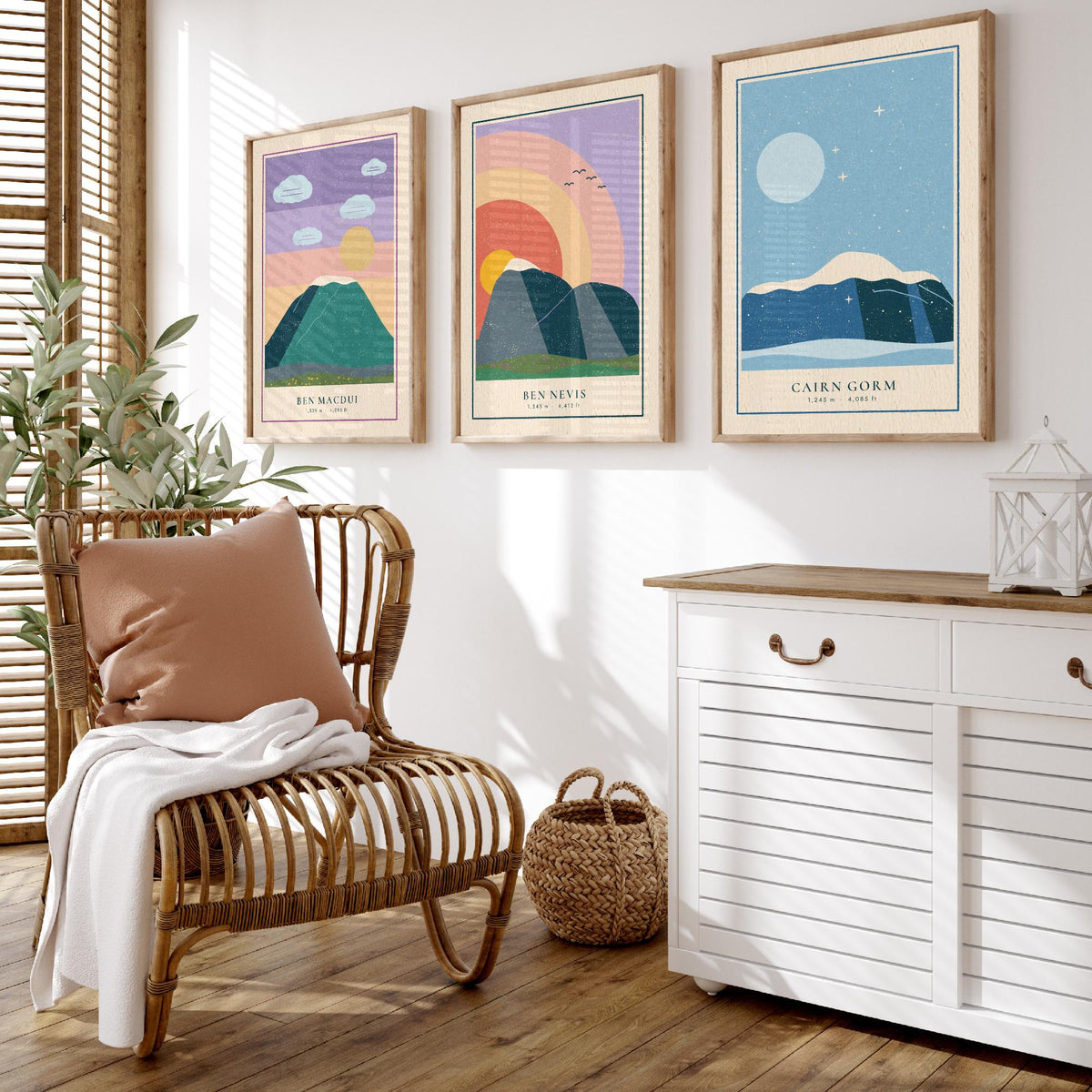 Scottish Munro Set of Three Art Prints - Ben Macdui, Ben Nevis, Cairn Gorm - Linocut Style Poster Illustration V1