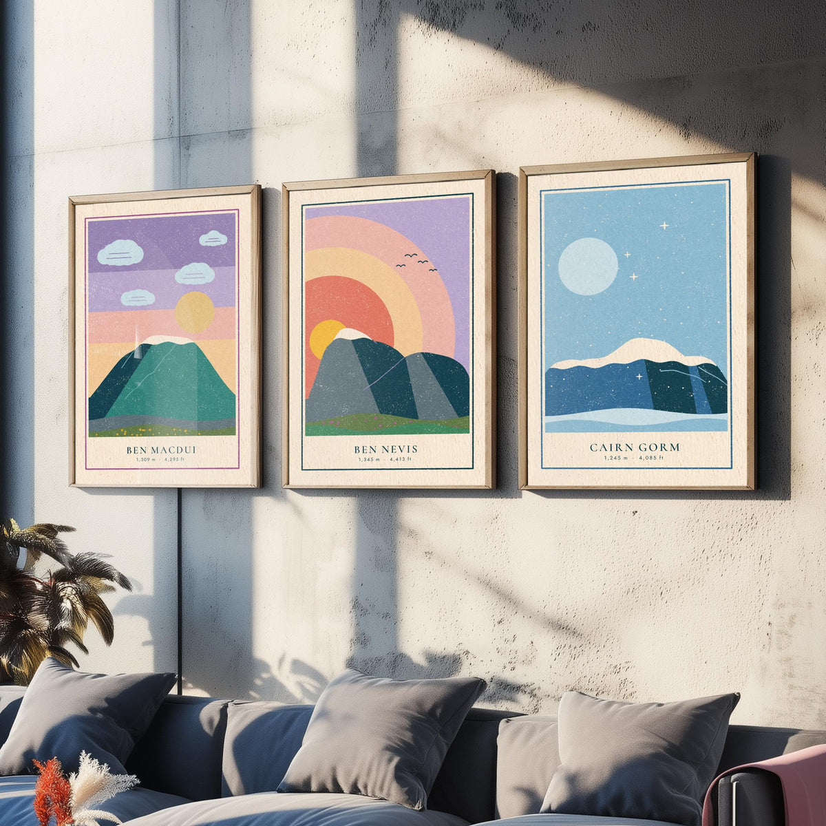 Scottish Munro Set of Three Art Prints - Ben Macdui, Ben Nevis, Cairn Gorm - Linocut Style Poster Illustration V1