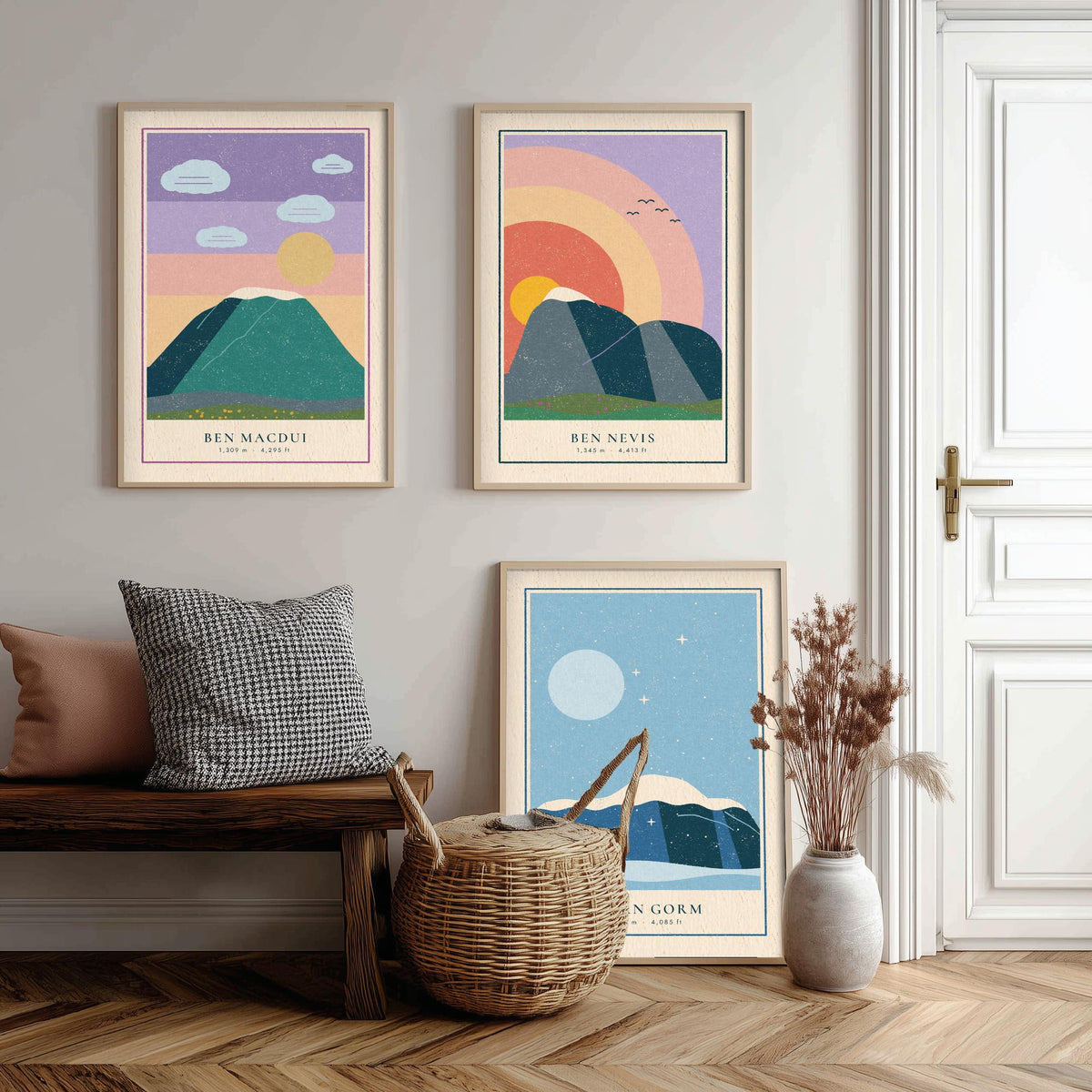 Scottish Munro Set of Three Art Prints - Ben Macdui, Ben Nevis, Cairn Gorm - Linocut Style Poster Illustration V1