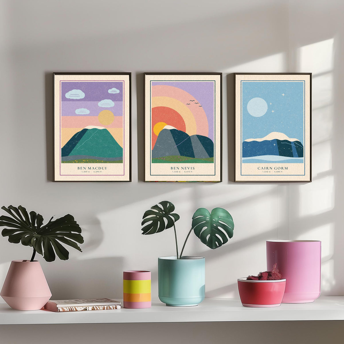 Scottish Munro Set of Three Art Prints - Ben Macdui, Ben Nevis, Cairn Gorm - Linocut Style Poster Illustration V1