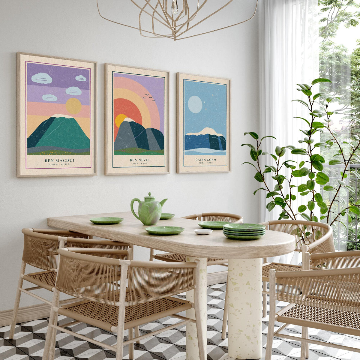 Scottish Munro Set of Three Art Prints - Ben Macdui, Ben Nevis, Cairn Gorm - Linocut Style Poster Illustration V1