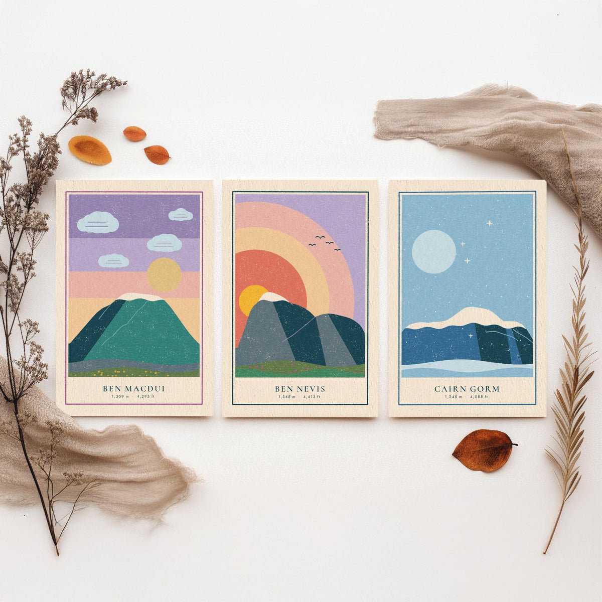 Scottish Munro Set of Three Art Prints - Ben Macdui, Ben Nevis, Cairn Gorm - Linocut Style Poster Illustration V1