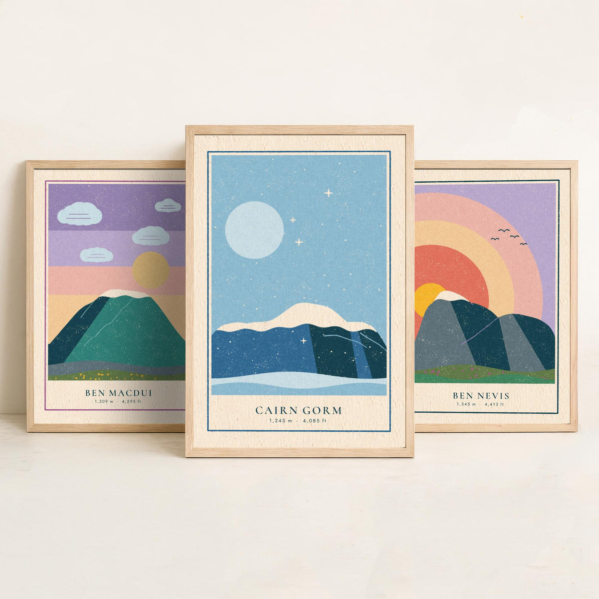 Scottish Munro Set of Three Art Prints - Ben Macdui, Ben Nevis, Cairn Gorm - Linocut Style Poster Illustration V1