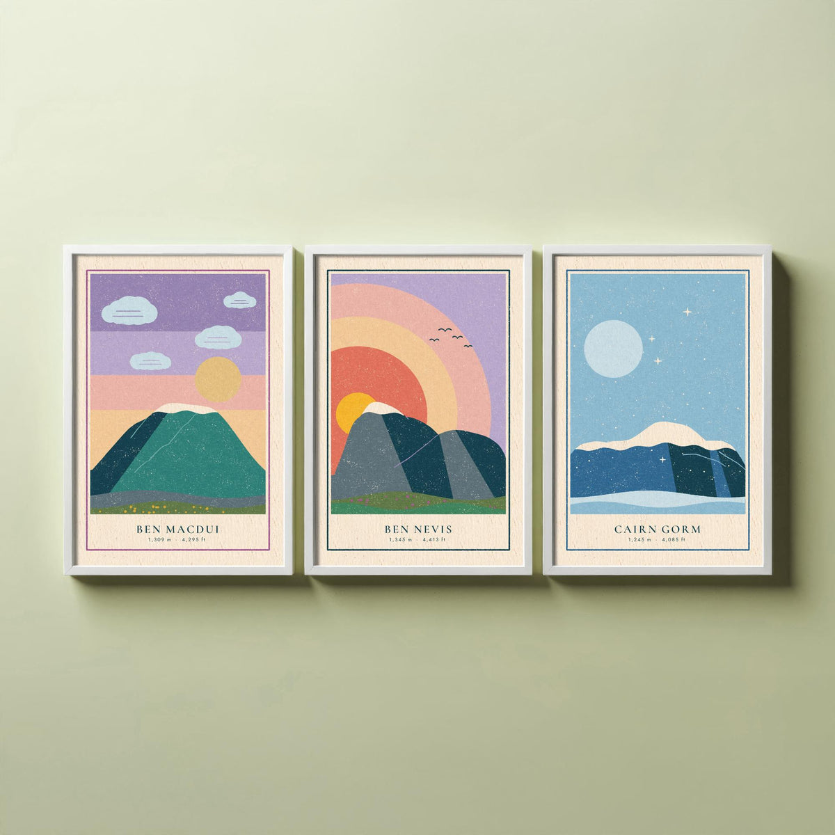 Scottish Munro Set of Three Art Prints - Ben Macdui, Ben Nevis, Cairn Gorm - Linocut Style Poster Illustration V1