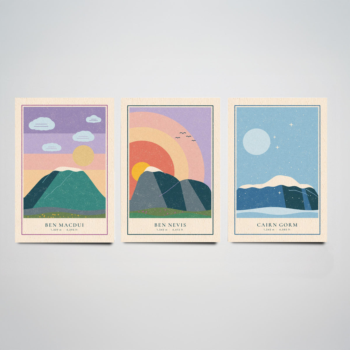 Scottish Munro Set of Three Art Prints - Ben Macdui, Ben Nevis, Cairn Gorm - Linocut Style Poster Illustration V1