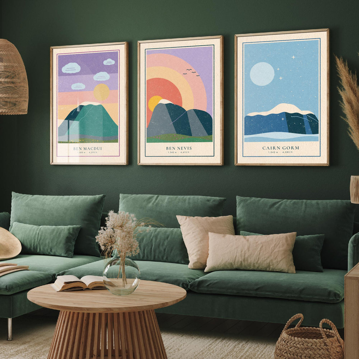 Scottish Munro Set of Three Art Prints - Ben Macdui, Ben Nevis, Cairn Gorm - Linocut Style Poster Illustration V1