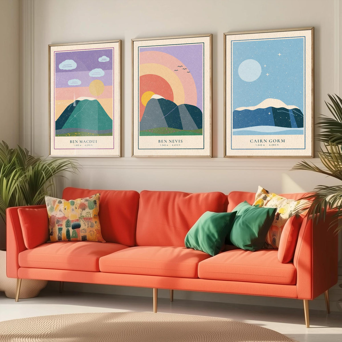 Scottish Munro Set of Three Art Prints - Ben Macdui, Ben Nevis, Cairn Gorm - Linocut Style Poster Illustration V1