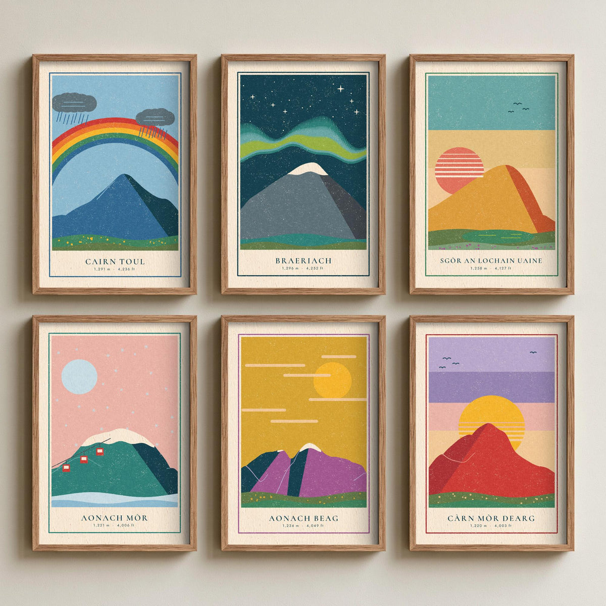 Set of Six 4000ft Munro Art Prints - 6 Linocut Illustration Posters - Cairn Toul, Braeriach, Aonach Mor, Aonach Beag, Carn Mor Dearg
