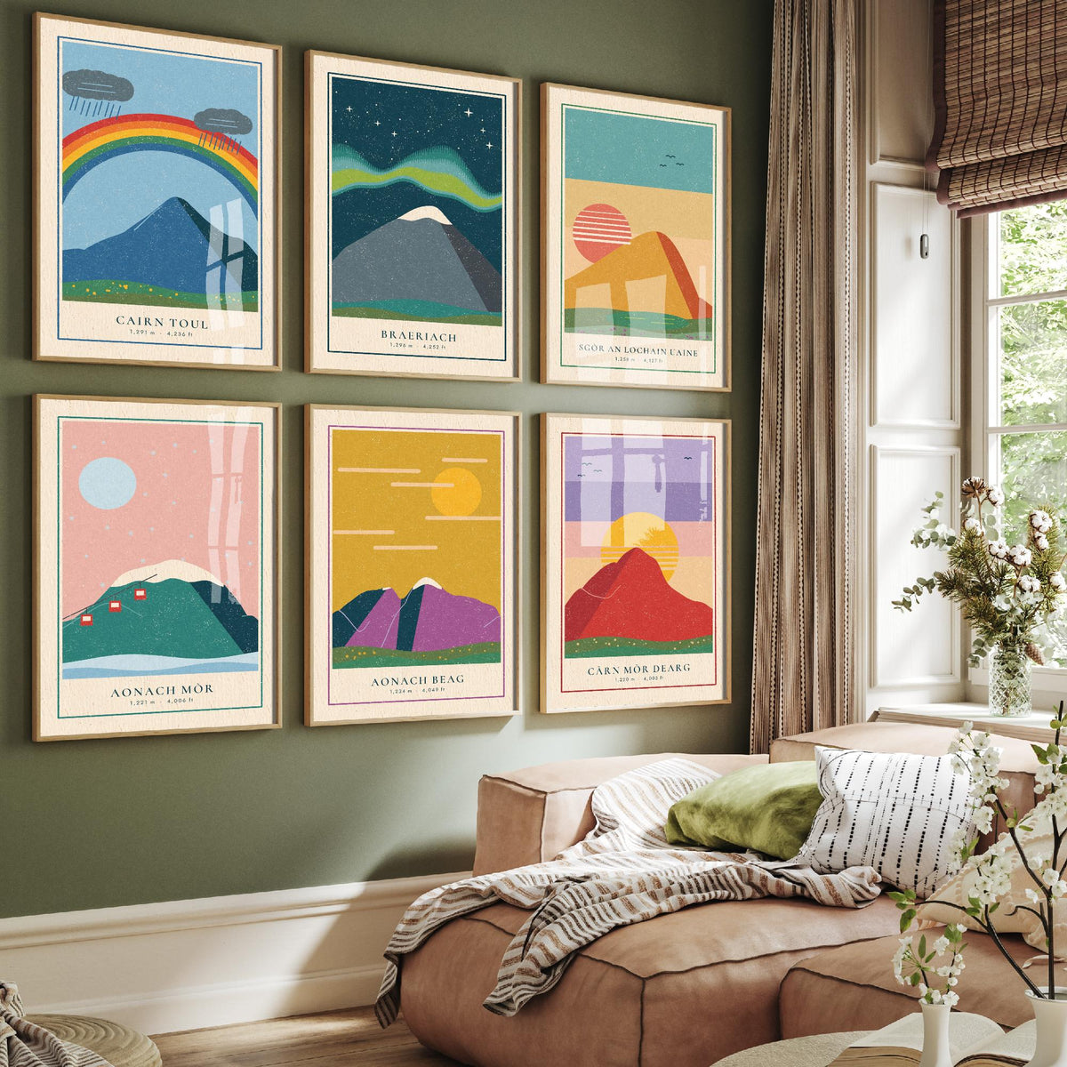 Set of Six 4000ft Munro Art Prints - 6 Linocut Illustration Posters - Cairn Toul, Braeriach, Aonach Mor, Aonach Beag, Carn Mor Dearg