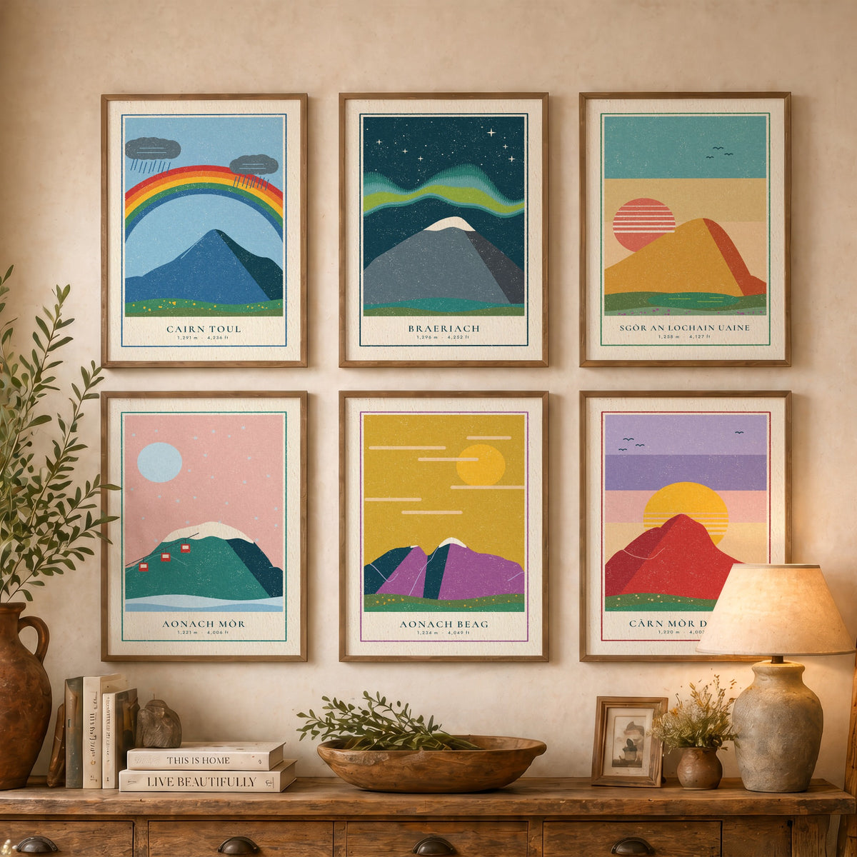 Set of Six 4000ft Munro Art Prints - 6 Linocut Illustration Posters - Cairn Toul, Braeriach, Aonach Mor, Aonach Beag, Carn Mor Dearg