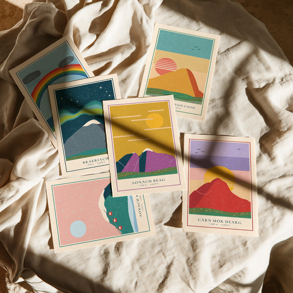Set of Six 4000ft Munro Art Prints - 6 Linocut Illustration Posters - Cairn Toul, Braeriach, Aonach Mor, Aonach Beag, Carn Mor Dearg