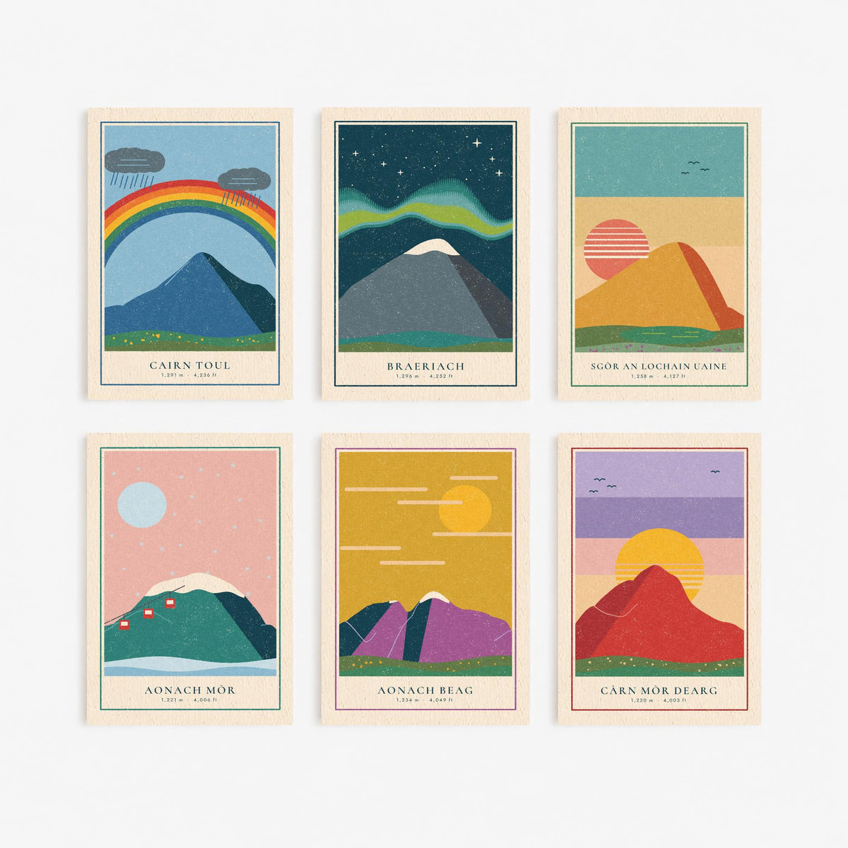 Set of Six 4000ft Munro Art Prints - 6 Linocut Illustration Posters - Cairn Toul, Braeriach, Aonach Mor, Aonach Beag, Carn Mor Dearg