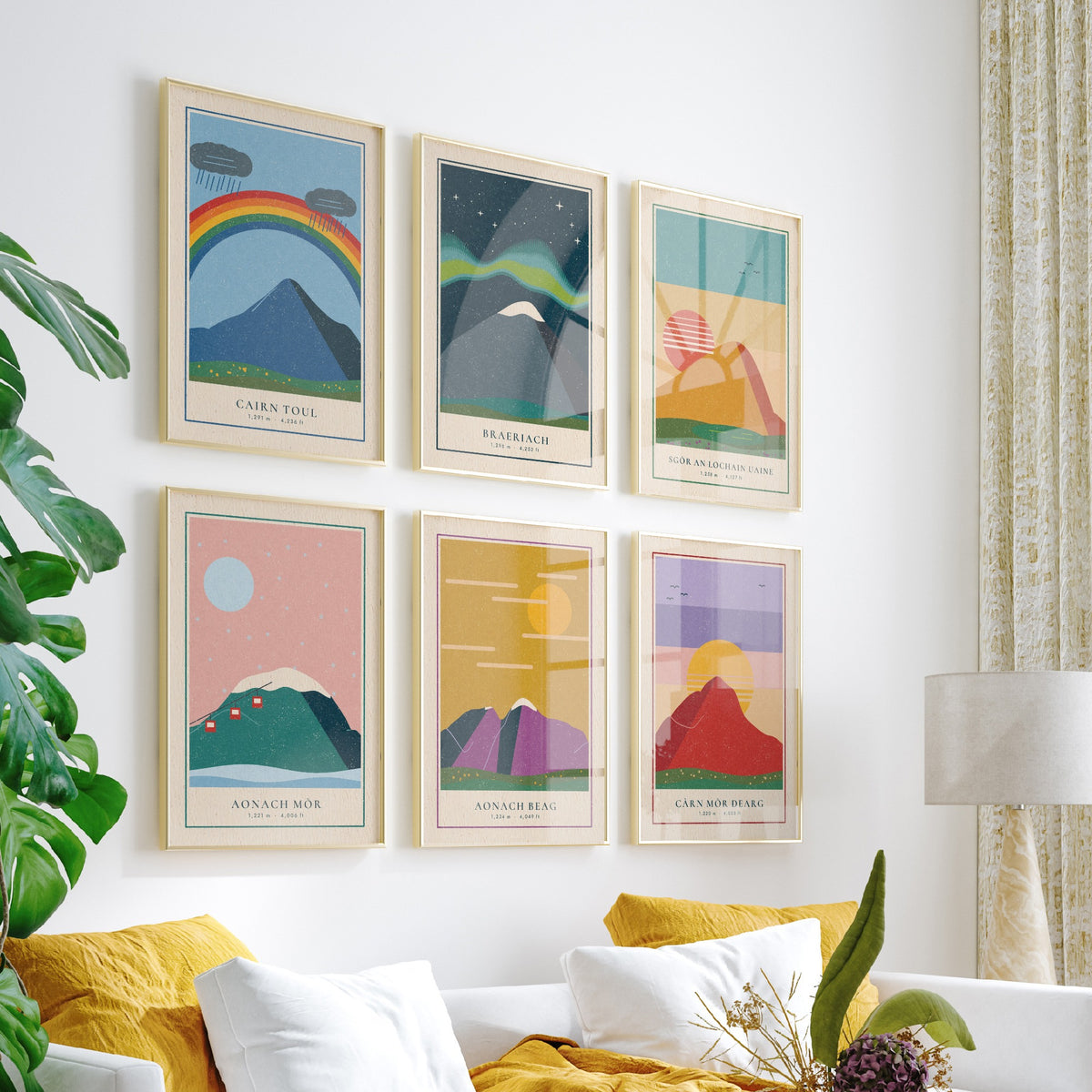 Set of Six 4000ft Munro Art Prints - 6 Linocut Illustration Posters - Cairn Toul, Braeriach, Aonach Mor, Aonach Beag, Carn Mor Dearg