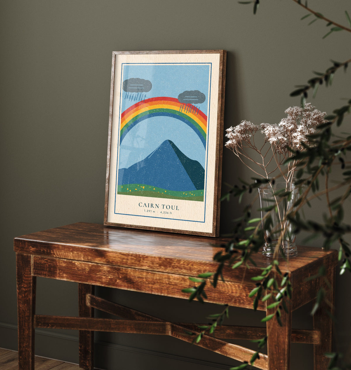 Cairn Toul Rainbow Art Print - Rain Cloud Cairngorm Munro Poster - Linocut Style Illustration V1 1/3