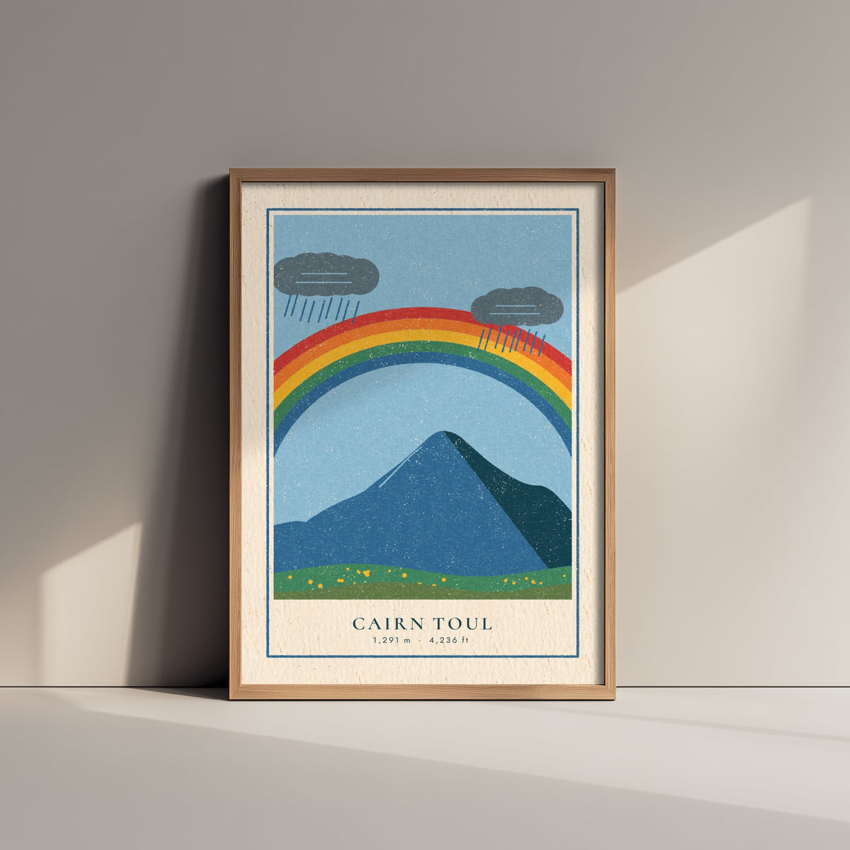 Cairn Toul Rainbow Art Print - Rain Cloud Cairngorm Munro Poster - Linocut Style Illustration V1 1/3