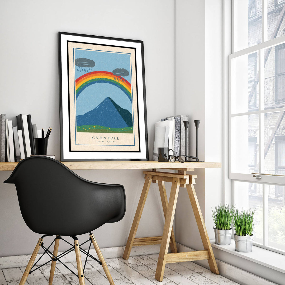 Cairn Toul Rainbow Art Print - Rain Cloud Cairngorm Munro Poster - Linocut Style Illustration V1 1/3