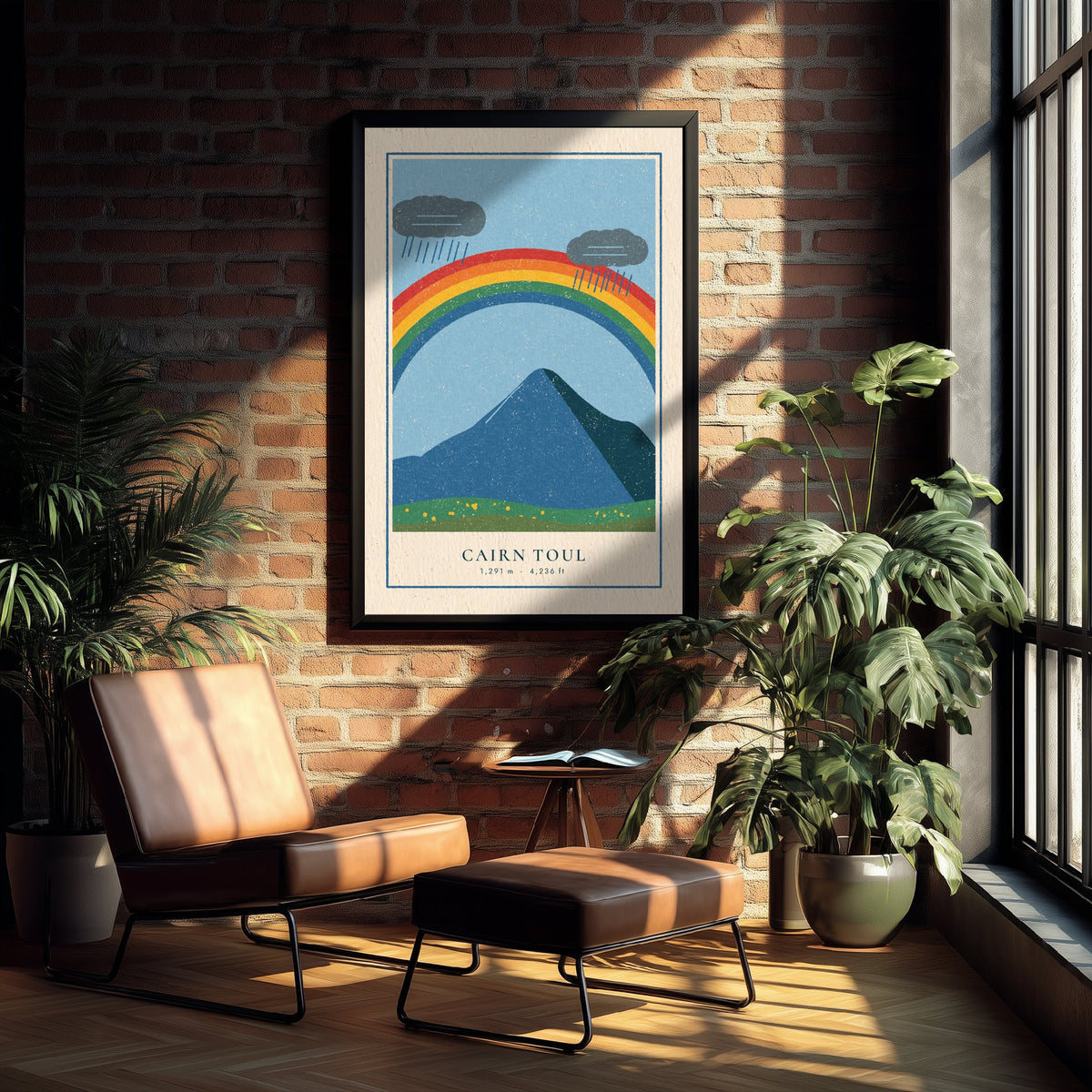Cairn Toul Rainbow Art Print - Rain Cloud Cairngorm Munro Poster - Linocut Style Illustration V1 1/3