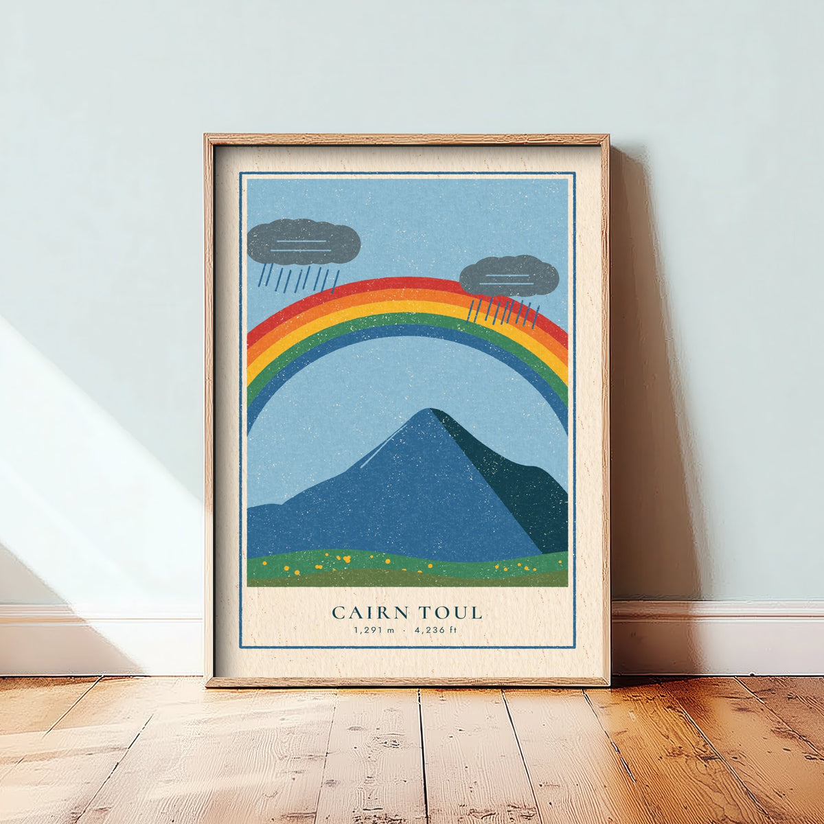 Cairn Toul Rainbow Art Print - Rain Cloud Cairngorm Munro Poster - Linocut Style Illustration V1 1/3