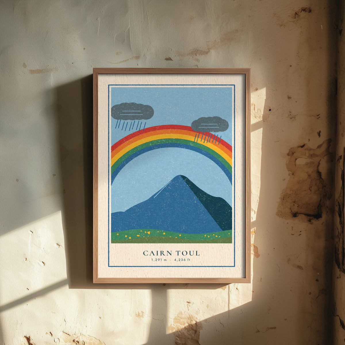 Cairn Toul Rainbow Art Print - Rain Cloud Cairngorm Munro Poster - Linocut Style Illustration V1 1/3