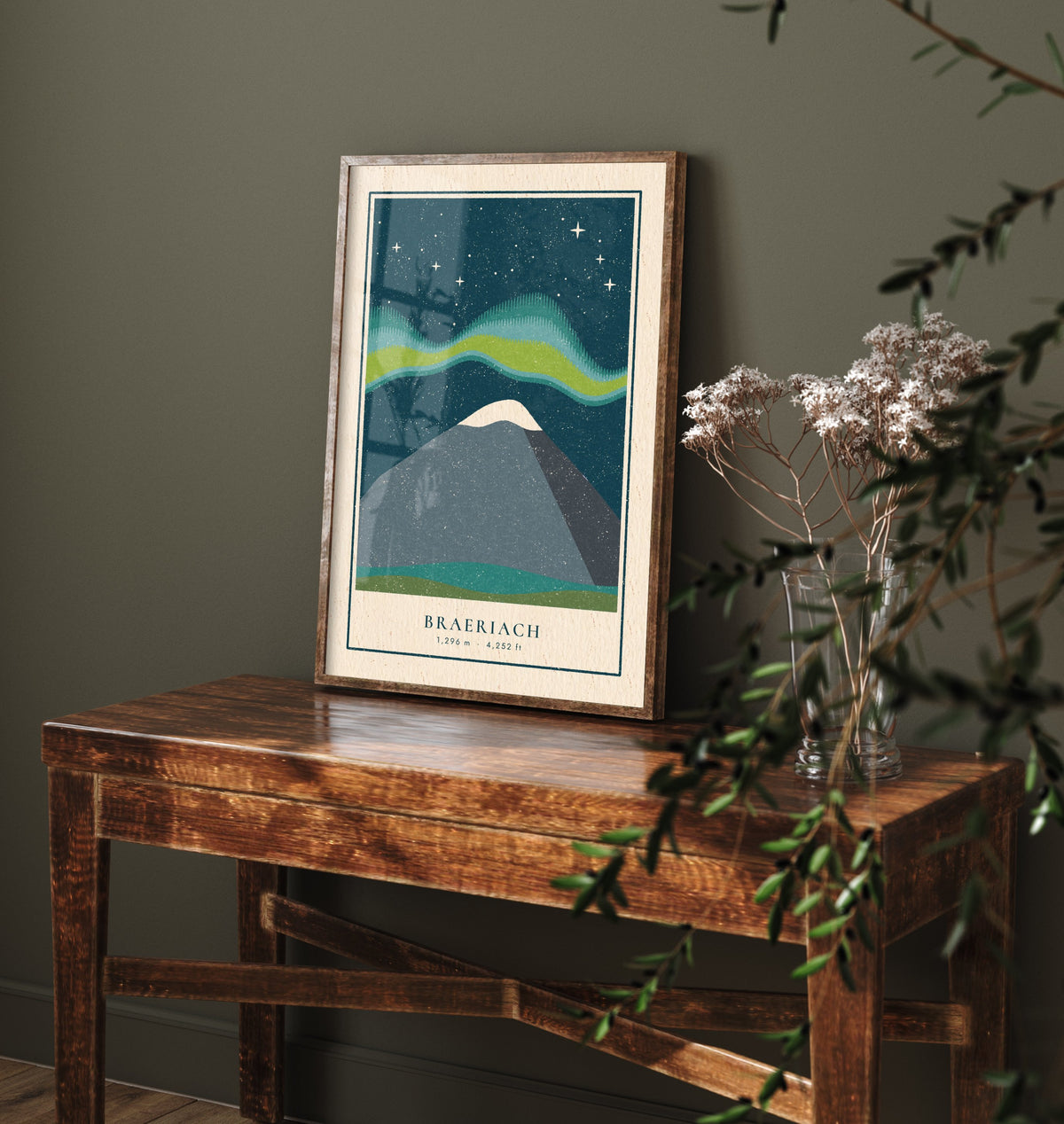 Braeriach Northern Lights Poster - Aurora Over the Cairngorms Art Print - Linocut Mountain Illustration V1 2/3