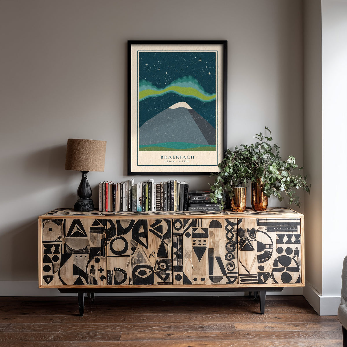 Braeriach Northern Lights Poster - Aurora Over the Cairngorms Art Print - Linocut Mountain Illustration V1 2/3