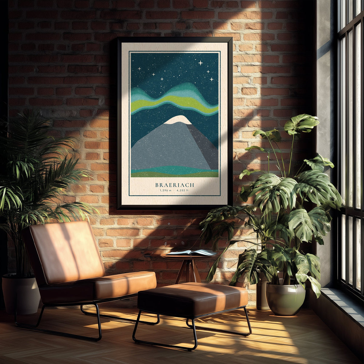 Braeriach Northern Lights Poster - Aurora Over the Cairngorms Art Print - Linocut Mountain Illustration V1 2/3
