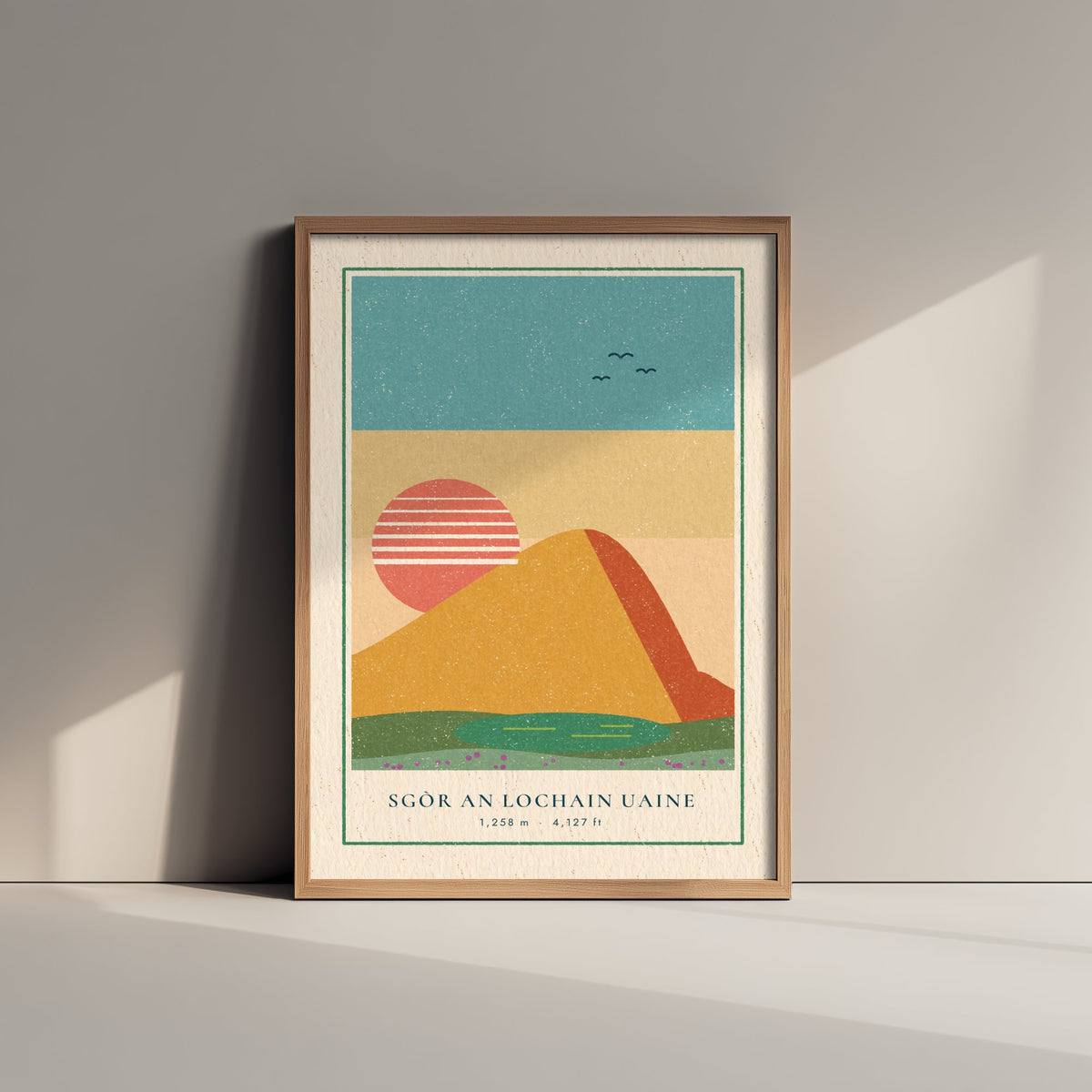 Sgor an Lochain Uaine Art Print - Desert Gold Cairngorm Poster - Striped Sun Linocut Woodcut Illustration V1 3/3