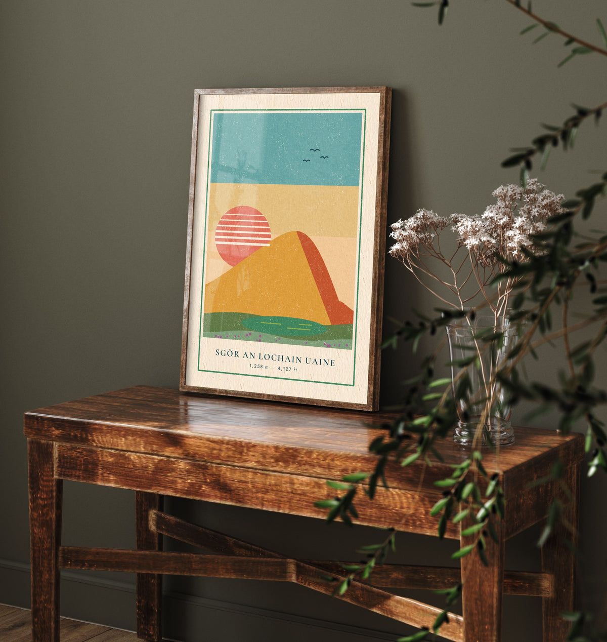 Sgor an Lochain Uaine Art Print - Desert Gold Cairngorm Poster - Striped Sun Linocut Woodcut Illustration V1 3/3
