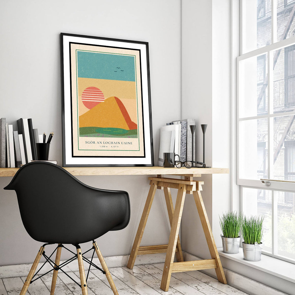 Sgor an Lochain Uaine Art Print - Desert Gold Cairngorm Poster - Striped Sun Linocut Woodcut Illustration V1 3/3