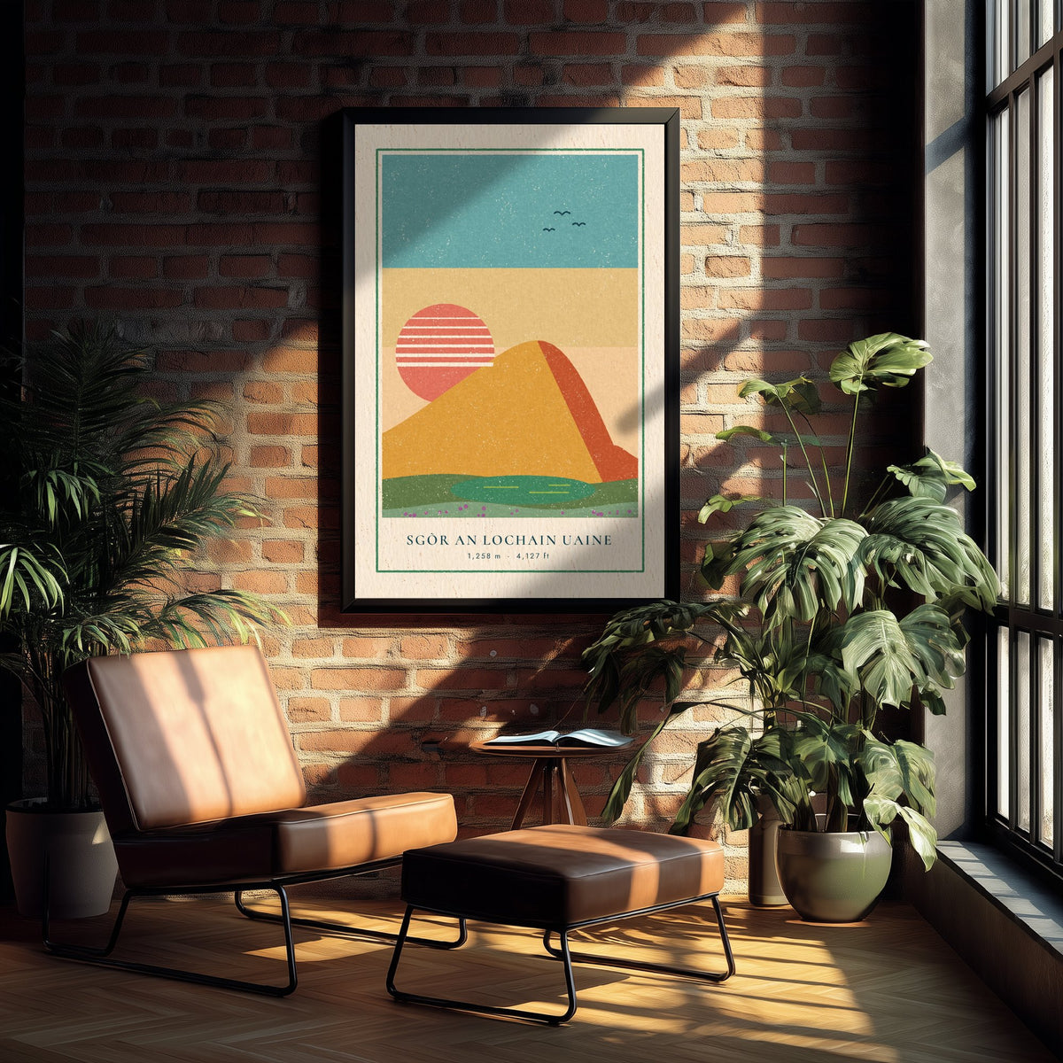 Sgor an Lochain Uaine Art Print - Desert Gold Cairngorm Poster - Striped Sun Linocut Woodcut Illustration V1 3/3