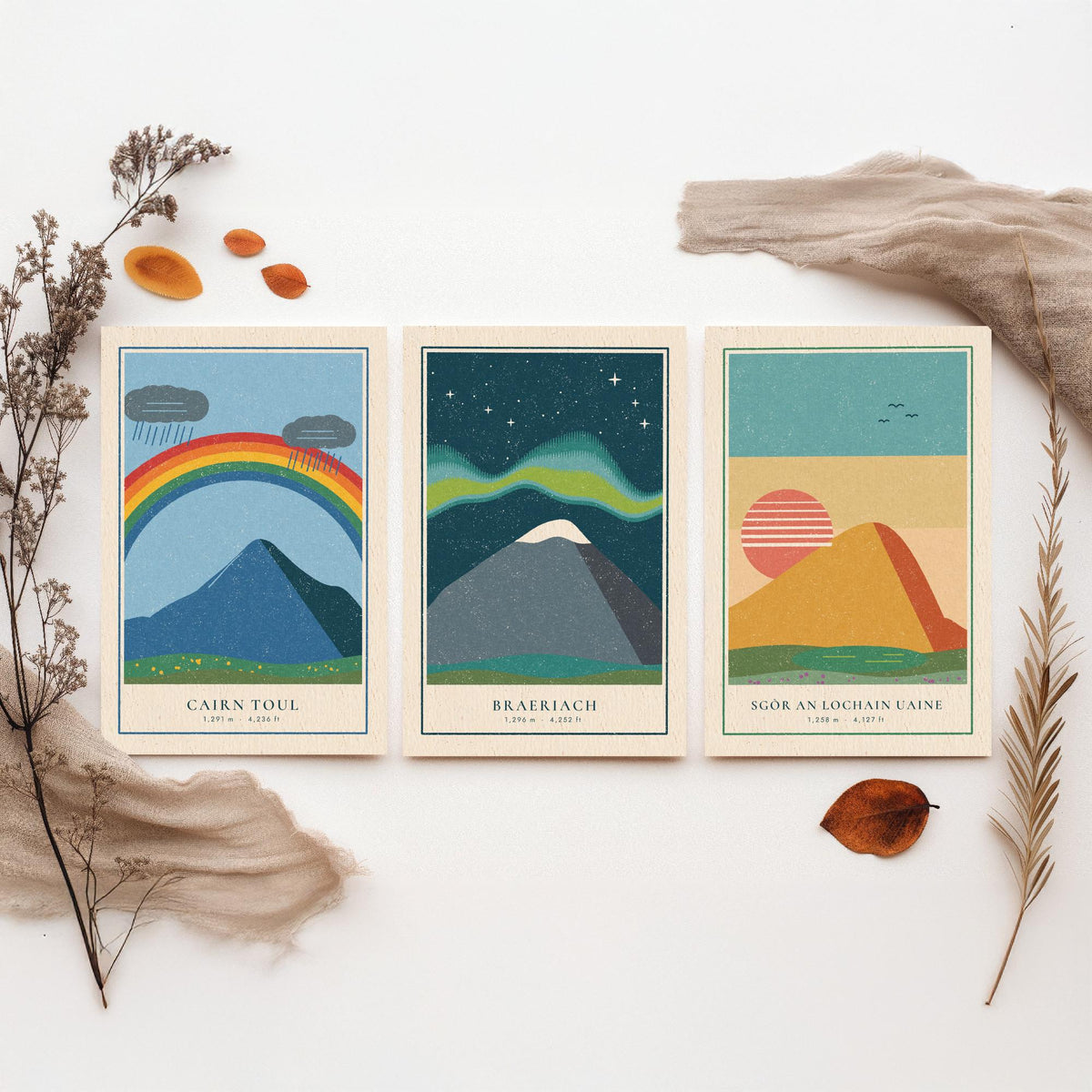 Cairngorm 4000ft Munro Set of Three Art Prints - Cairn Toul, Braeriach, Sgor an Lochain Uaine - Linocut Style Poster Illustration V1