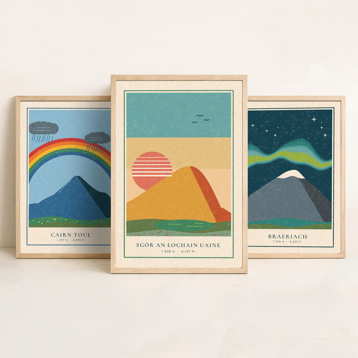 Cairngorm 4000ft Munro Set of Three Art Prints - Cairn Toul, Braeriach, Sgor an Lochain Uaine - Linocut Style Poster Illustration V1