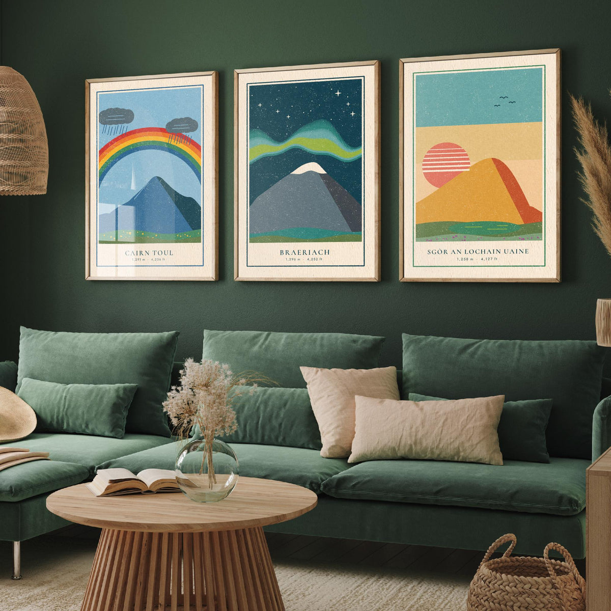 Cairngorm 4000ft Munro Set of Three Art Prints - Cairn Toul, Braeriach, Sgor an Lochain Uaine - Linocut Style Poster Illustration V1