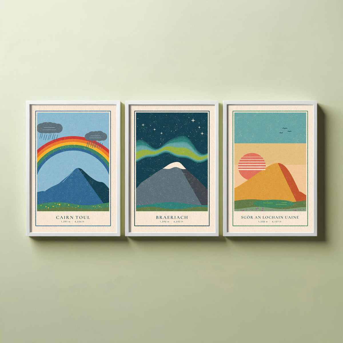 Cairngorm 4000ft Munro Set of Three Art Prints - Cairn Toul, Braeriach, Sgor an Lochain Uaine - Linocut Style Poster Illustration V1