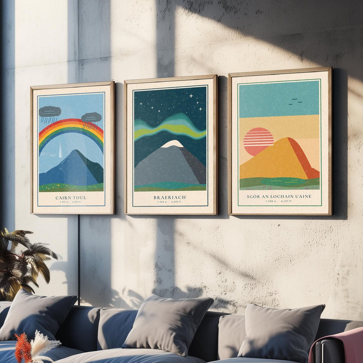 Cairngorm 4000ft Munro Set of Three Art Prints - Cairn Toul, Braeriach, Sgor an Lochain Uaine - Linocut Style Poster Illustration V1