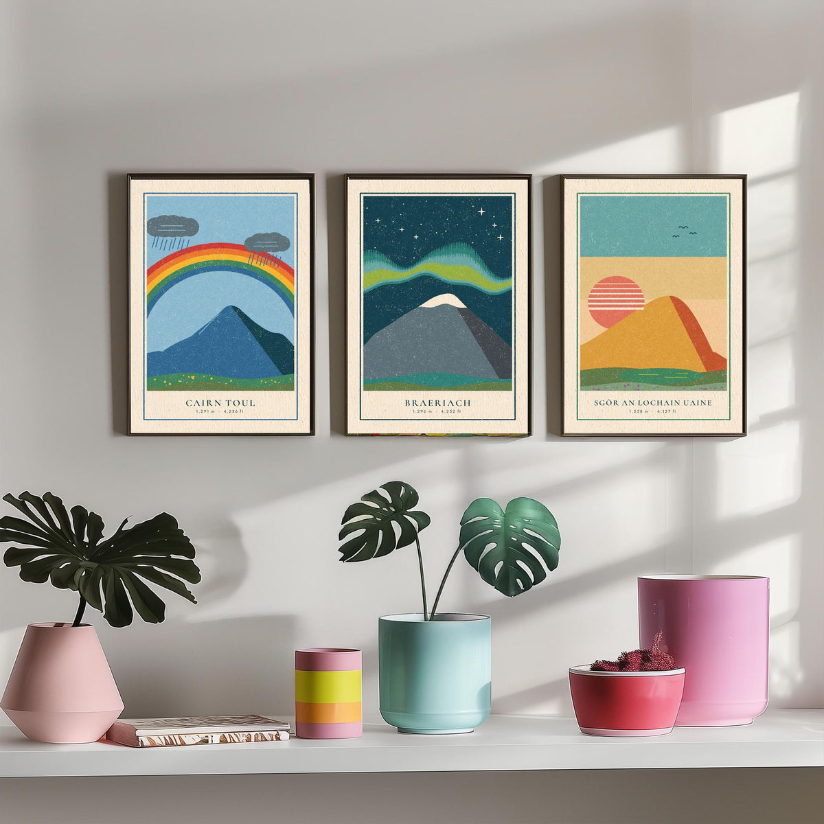 Cairngorm 4000ft Munro Set of Three Art Prints - Cairn Toul, Braeriach, Sgor an Lochain Uaine - Linocut Style Poster Illustration V1