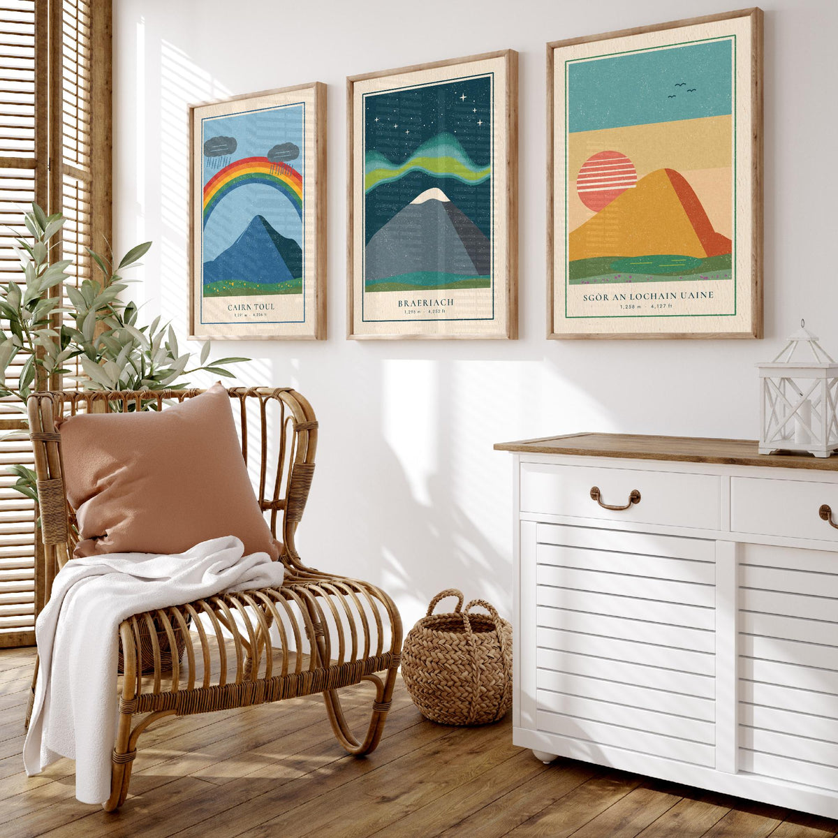 Cairngorm 4000ft Munro Set of Three Art Prints - Cairn Toul, Braeriach, Sgor an Lochain Uaine - Linocut Style Poster Illustration V1