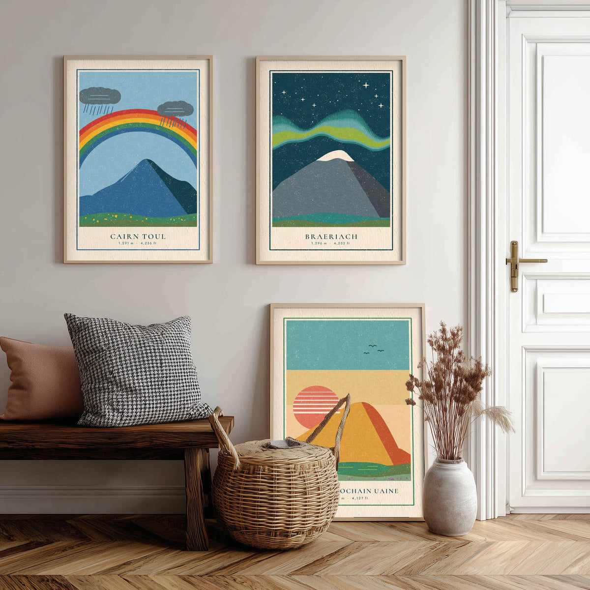 Cairngorm 4000ft Munro Set of Three Art Prints - Cairn Toul, Braeriach, Sgor an Lochain Uaine - Linocut Style Poster Illustration V1