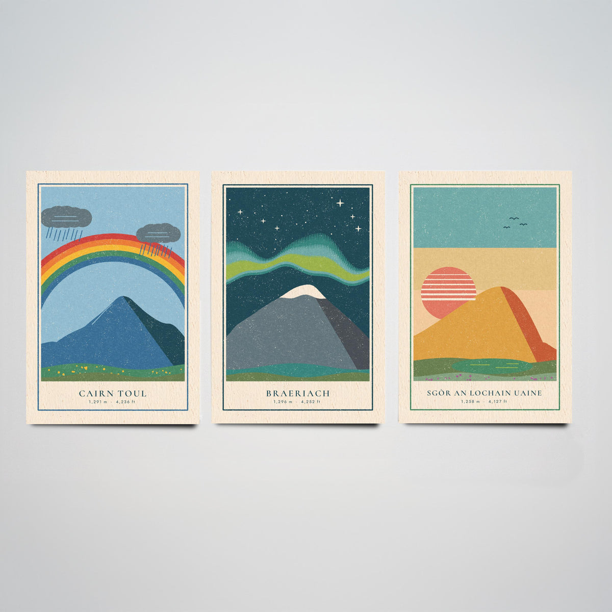 Cairngorm 4000ft Munro Set of Three Art Prints - Cairn Toul, Braeriach, Sgor an Lochain Uaine - Linocut Style Poster Illustration V1