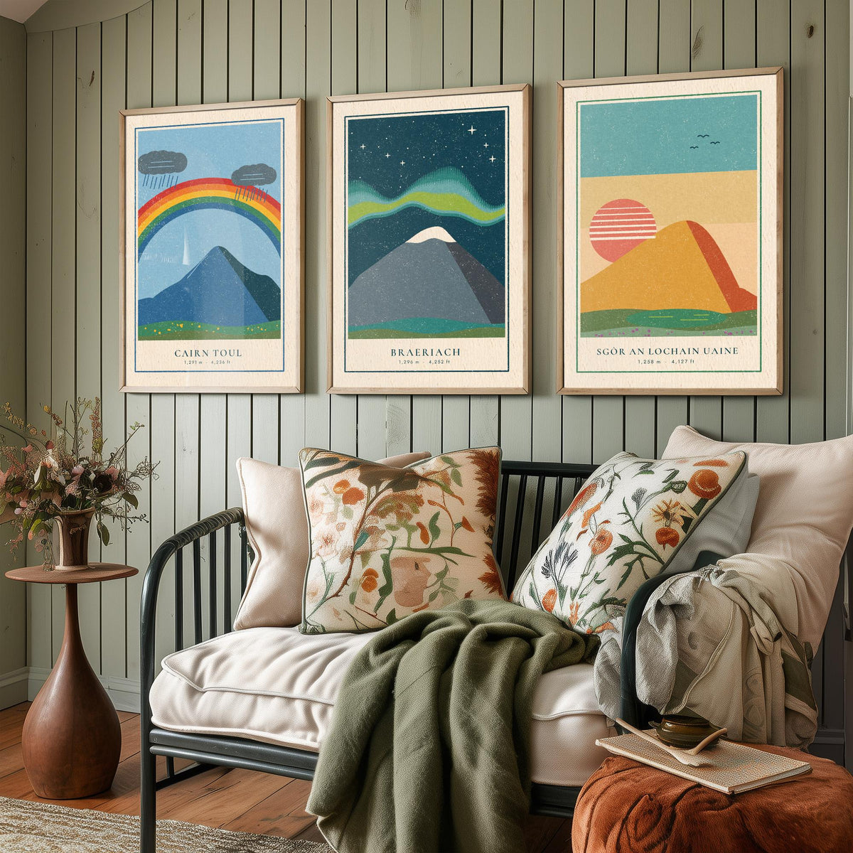 Cairngorm 4000ft Munro Set of Three Art Prints - Cairn Toul, Braeriach, Sgor an Lochain Uaine - Linocut Style Poster Illustration V1
