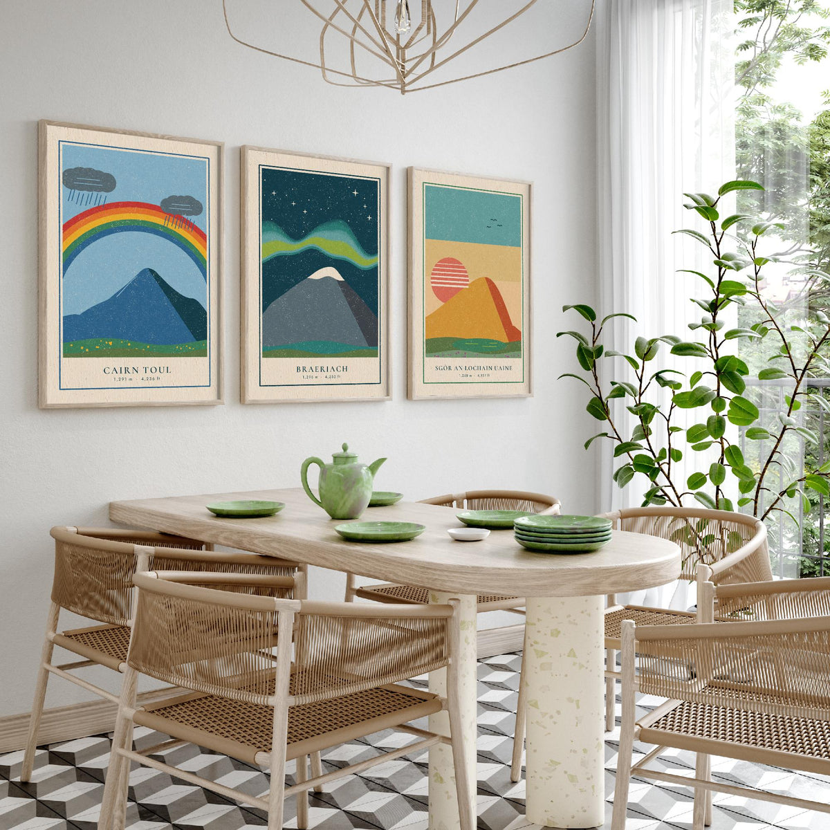 Cairngorm 4000ft Munro Set of Three Art Prints - Cairn Toul, Braeriach, Sgor an Lochain Uaine - Linocut Style Poster Illustration V1